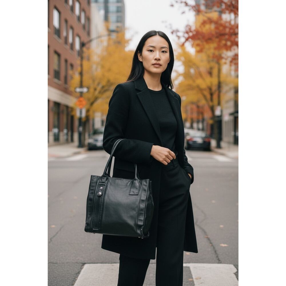 Perlina New York Black Leather Satchel Handbag, Large shoulder purse